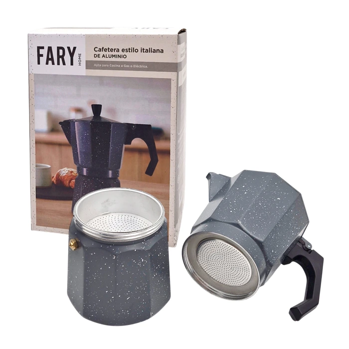 Cafetera italiana Fary Home de aluminio para 6 pocillos, acabado granito