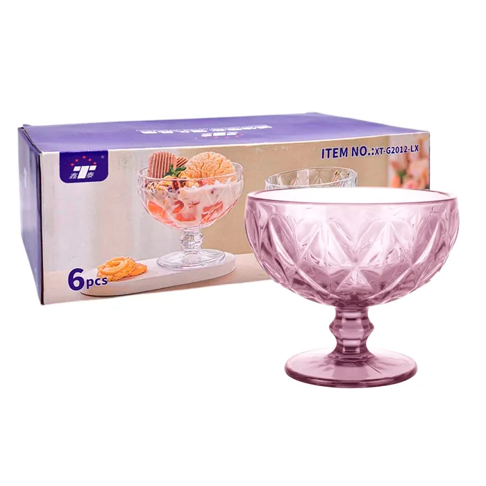 Copa Postre Vidrio Rombos Rosa Pack X6