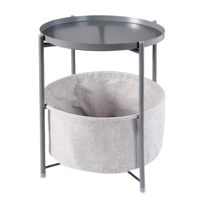 Mesa auxiliar redonda de metal con bandeja desmontable y canasto
