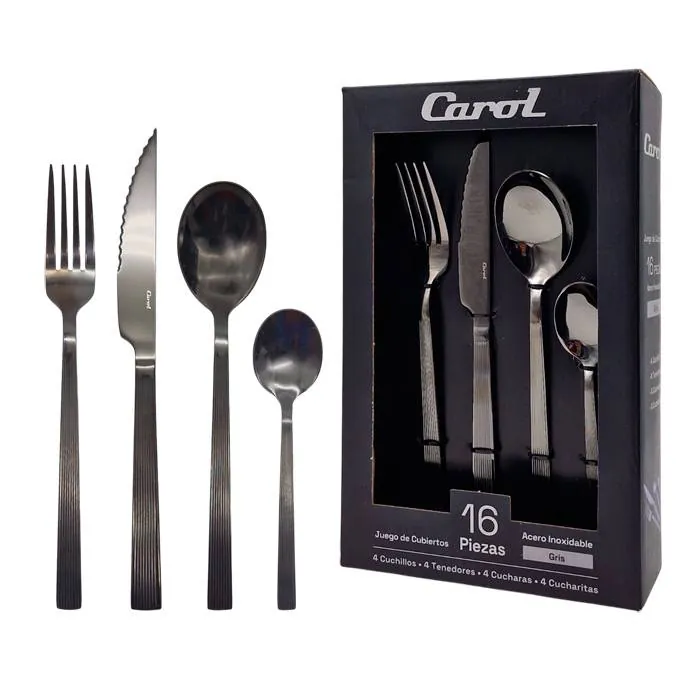 Set Cubiertos Acero Inox. Carol 16Pz Gris